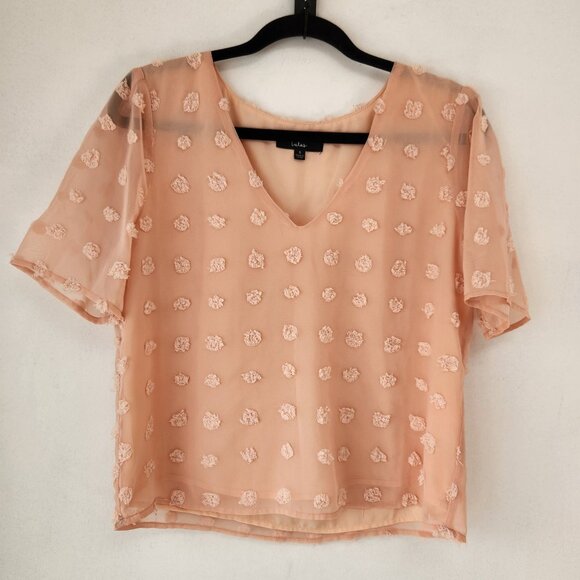 Lulus Blush Pink French Dot Blouse Short Sleeve Chiffon Office Women's S - Picture 2 of 7